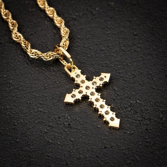 Hip Hop Mini Men's Iced Cz 14K Yellow Gold Cross Pendant Rope Chain Necklace - Picture 6 of 6